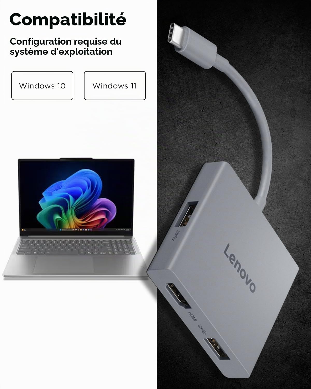 lenovo-hub-de-voyage-usb-c-4-en-1-avec-c-ble-int-gr-hdmi-4k-60hz-2x-usb-a-3-2-ja image 6