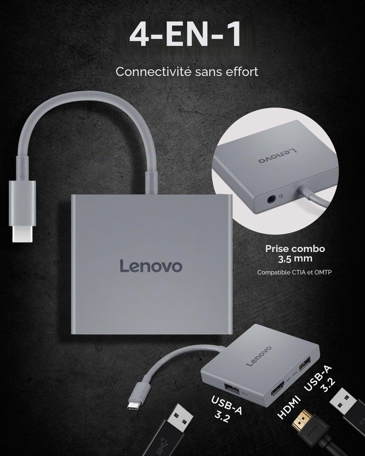 lenovo-hub-de-voyage-usb-c-4-en-1-avec-c-ble-int-gr-hdmi-4k-60hz-2x-usb-a-3-2-ja image 3
